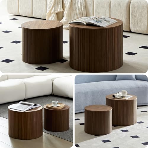 Round Nesting Coffee Table Set of 2, Wood Side Tables with Storage | Fluted Walnut Accent and End Tables Sets, Mid Century Modern, Living room, bedroom, office, small spaces - color: Walnut With Storage