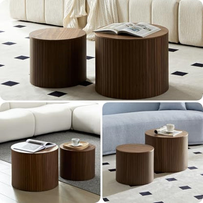 Round Nesting Coffee Table Set of 2, Wood Side Tables with Storage | Fluted Walnut Accent and End Tables Sets, Mid Century Modern, Living room, bedroom, office, small spaces - color: Walnut With Storage