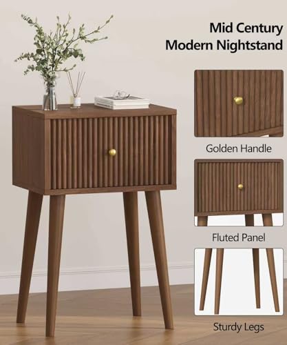 Akxomel Small Nightstand Set 2 Fluted Wooden Nightstands Wood Legs Walnut | Bedside Table with Storage Drawer, Modern Mid-Century End Side Table with Solid Wood Legs, for Bedroom, Office, Small Space - color: Walnut