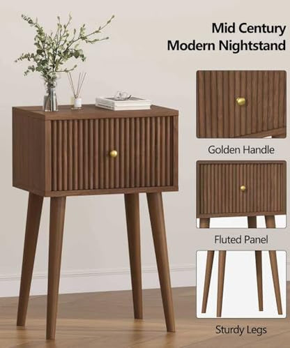 Akxomel Small Nightstand Set 2 Fluted Wooden Nightstands Wood Legs Walnut | Bedside Table with Storage Drawer, Modern Mid-Century End Side Table with Solid Wood Legs, for Bedroom, Office, Small Space - color: Walnut