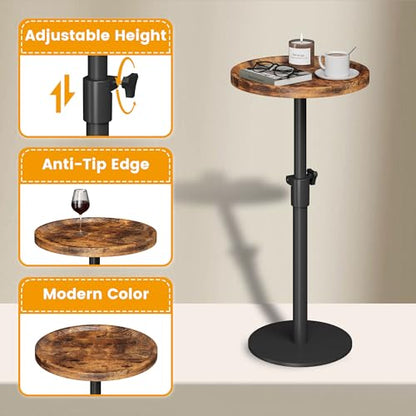 Homeiju Set of 2 Adjustable Round Side Table, Pedestal End Table for Small Spaces, Wooden Couch Table, Tall Drink Table for Living Room, Bedroom, Brown - style: 2 Pack