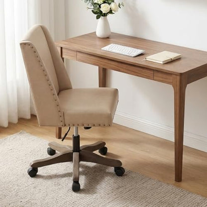 Upholstered Armless Office Chair Faux Leather Swivel Home Desk Office Chair | Modern Comfy Boho Office Chair with Wheels Adjustable Desk Chair no Arms for Sewing Women Farmhouse Study Studio PU Beige - color: Pu Beige