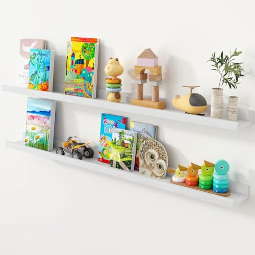 Oak Picture Ledge Shelf, 48 Inch Floating Shelves Set of 2, Solid Oak Wood Wall Shelves with Lip, Wall Decor Storage for Bedroom Living Room Bathroom Kitchen Nursery Photo Picture, White - color: White, size: 48inch