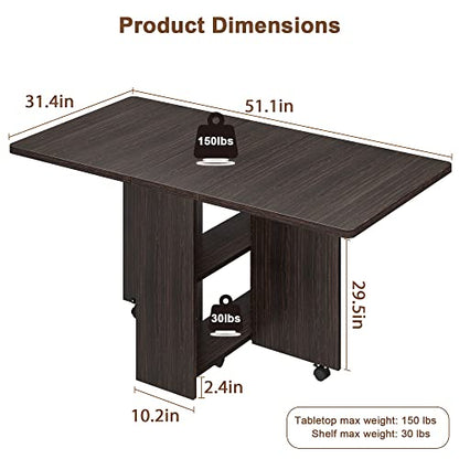 Folding Dining Table with 2-Layer Storage Rack, Drop Leaf Tables, Black | Small Spaces, Foldable Dining Table with 3 Wheels, Kitchen Table, Dining Room - color: Dark Walnut, size: 50.1"D x 31.4"W x 29.5"H