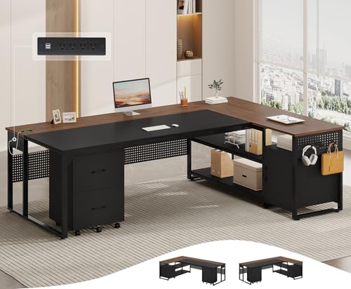 71" Executive Desk, Reversible L Shaped Desk with Mobile File Cabinet & Power Outlets, Large Office Desk with Drawers, Storage Shelves, Hooks, Corner Computer Desk for Home Office (Walnut) - color: Walnut