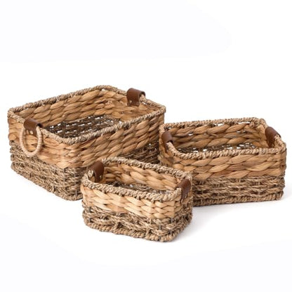 Set of 3 Wicker Basket Natural Seagrass Hyacinth Nesting Storage Baskets with Handles for Organizing Shelves Closet Pantry Living Room Decorative Woven Baskets