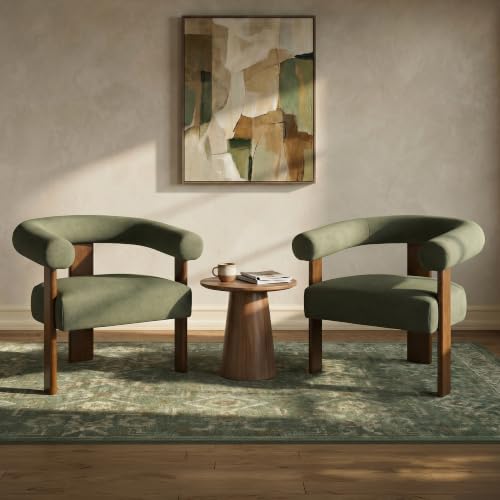 VKNOW Barrel Accent Chair, Vanity Chair with Armrests and Walnut Wood Legs | Mid Century Modern Upholstered Living Room Chairs with Open Back, Faux Mohair Fabric, for Living Room, Bedroom, Green - color: Green(walnut Legs), size: Set of 1