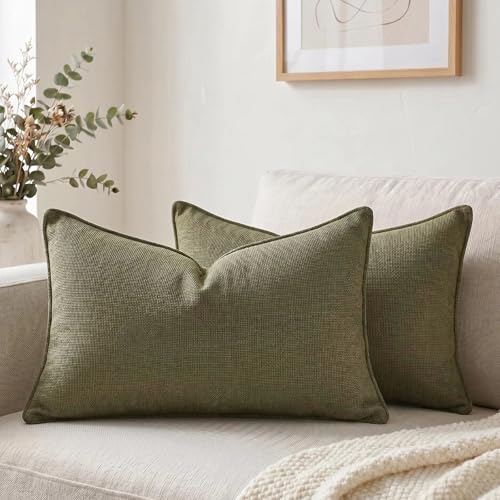 Fancy Homi Set of 2 Olive Green 12x20 Inch Soft Chenille Decorative Throw Pillow Covers with Flange Edge, Lumbar Neutral Modern Boho Textured Cushion Case Home Decor for Couch Sofa Bed Living Room - color: Olive Green, size: 20" x 12" (Pack of 2)