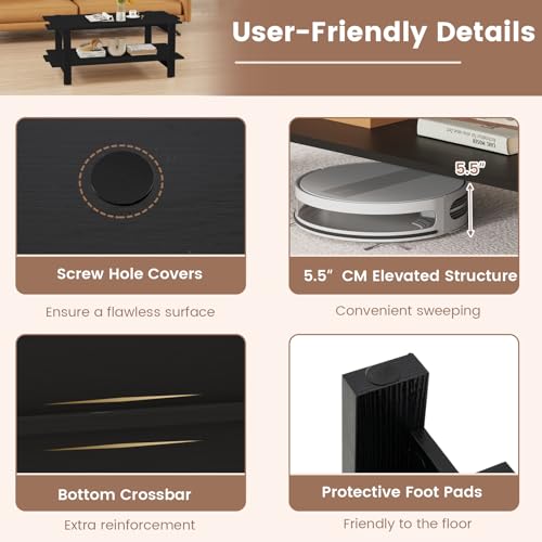 Giantex Coffee Table with Storage, 45 Inch Modern Center Table with Slatted Design & Side Rail Support, Rectangular Living Room Table for Small Spaces, Black - color: Black