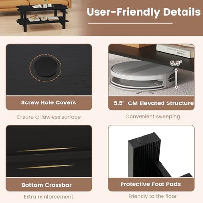 Giantex Coffee Table with Storage, 45 Inch Modern Center Table with Slatted Design & Side Rail Support, Rectangular Living Room Table for Small Spaces, Black - color: Black