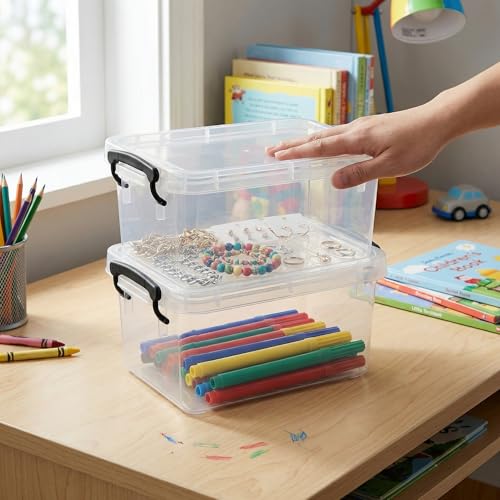 2 Pack 2 QT Plastic Storage Bins with Lids | Clear Stackable Bins with Secure Latches and Handles Heavy-Duty Storage Containers For Home Office and Garage Organization - size: 2 Qt