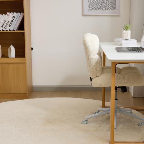 VINGLI Cute Armless Small Vanity Chair w/Plush Cushion &Fluffy Backrest, Comfy Swivel Chenille Office Desk Chair with 360° Wheels, Height Adjustable Makeup Chair for Bedroom&Dressing Room,Beige White - color: Beige White