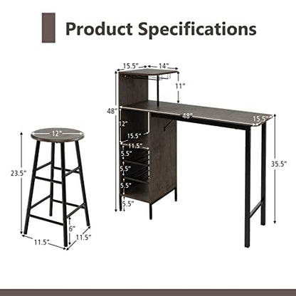 GOFLAME Bar Table Set for 2, Counter Height Dining Table Set with Shelves, Cup Holder & Wine Rack, Breakfast Table & Stools Set, 3-Piece Pub Table Set for Kitchen, Dining Room, Brown - color: Brown