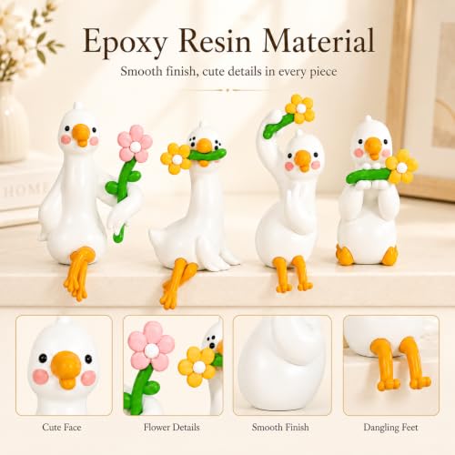 4Pcs Mini Resin Goose Figurines Set, Cute Desk Pets with Cable Holder | Computer Monitor Hanging Animals, Small Goose for Monitor, Bookshelf, Car Dashboard, Photo Frame, Goose Gifts for Coworkers