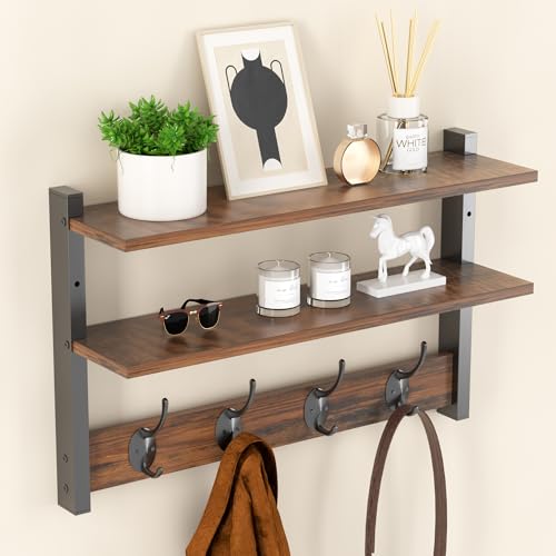 Two-Tier Wall Shelf with Hooks, 17" Coat Rack Wall Mount with Shelf, Key Hooks for Wall with Heavy Duty Double Hooks, Coat Hook Wall Mounted for Bedroom, Living Room, Rustic Brown - color: Brown-1 Pack