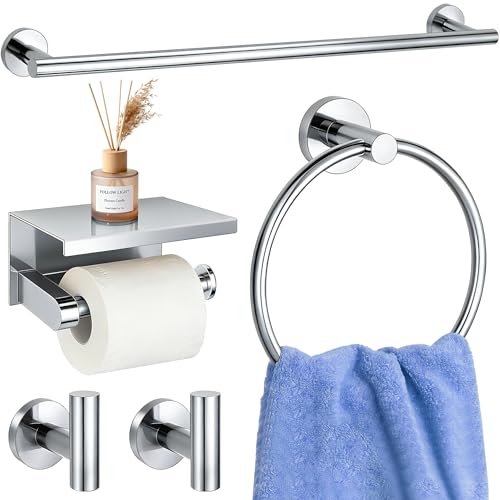 5 Pieces Bathroom Hardware Accessories Set Polished Chrome, 24Inch RoundTowel Racks Set for Bathroom, SUS304 Stainless Steel Towel Bar Set, Toilet Paper Holder with Shelf Wall Mounted - color: Polished Chrome, size: 5 Pieces 24" A