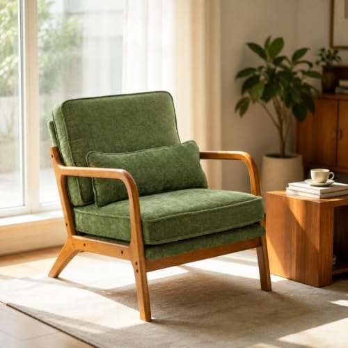 Karl home Mid-Century Accent Reading Chairs Set of 2, Green | Chenille Upholstered, Solid Wood Frame, Soft Cushion, Lumbar Pillow, Lounge Armchair for Living Room, Bedroom, Balcony, Study - color: Chenille Green