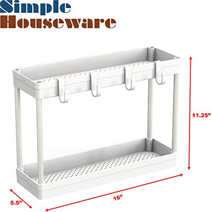 Simple Houseware 2-Tier Under Sink Organizer Storage Tray with Hooks, White - color: White