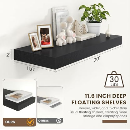 30 Inch Floating Shelves, 12'' Deep Black Shelves for Wall Set of 1 | Invisible Brackets, Engineered Wood, Mounting Hardware Included, 45LBS, Bathroom, Laundry Room, Kitchen, Living Room - color: Black, size: 30W x 11.6D x 2H, 1 Pack