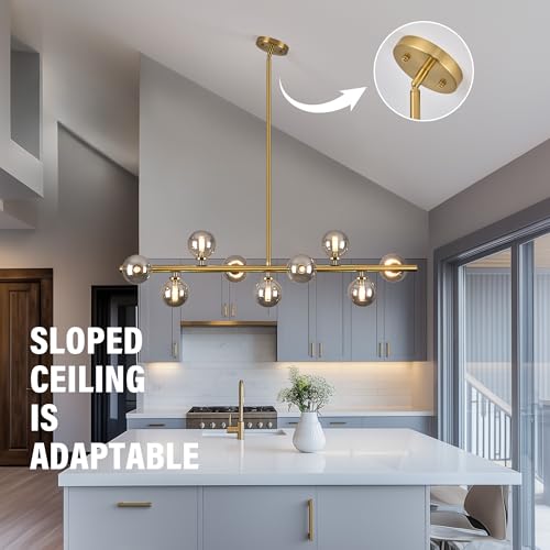 Mid Century Modern Globe Sputnik Chandelier, 9-Light Linear Chandeliers for Dining Room and Kitchen Island, Dining Light Fixture Over Table, Brass Gold and Smoke Grey Glass Bubble, 40 Inch - color: Gold Somke Grey, size: 9-Light 40 Inch