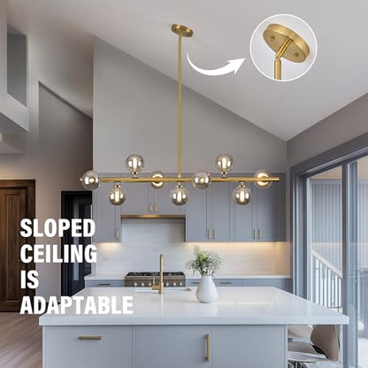 Mid Century Modern Globe Sputnik Chandelier, 9-Light Linear Chandeliers for Dining Room and Kitchen Island, Dining Light Fixture Over Table, Brass Gold and Smoke Grey Glass Bubble, 40 Inch - color: Gold Somke Grey, size: 9-Light 40 Inch