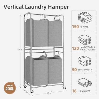 STORAGE MANIAC 4 Section Vertical Laundry Hamper, 2 Tier Laundry Sorter with 4 Removable Tote Bags, Rolling Clothes Basket for Towels, Blankets, Tall Dirty Clothes Hamper for Closet, 4 Bags Gray - size: 4 Section
