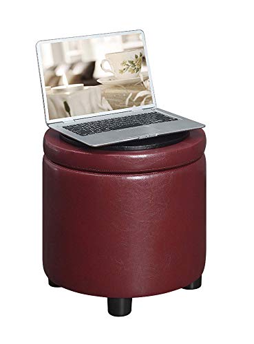 Convenience Concepts Designs4Comfort Round Accent Storage Ottoman in Burgundy Red Faux Leather Finish - color: Burgundy Faux Leather