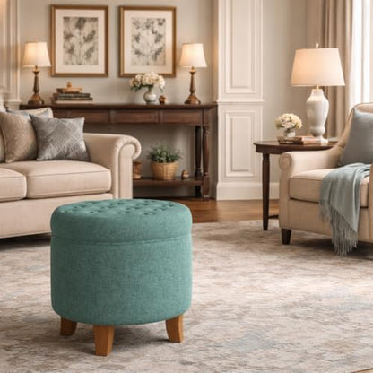 HomePop by Kinfine Fabric Upholstered Round Storage Ottoman - Button Tufted Ottoman with Removable Lid, Teal Woven - color: Teal Woven