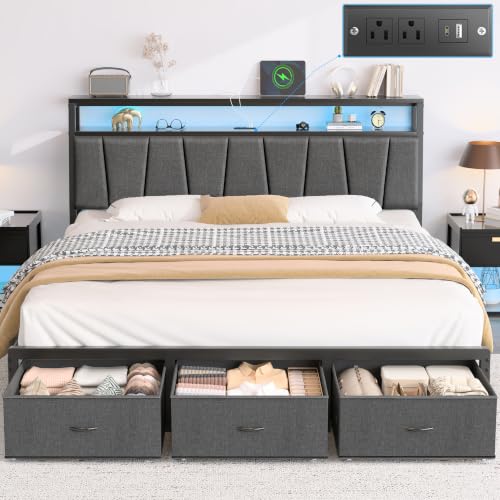 FreeHouse King Size Bed Frame with Storage Headboard & 3 Drawers, Grey | Upholstered King Bed Frame with Charging Station & LED Lights,Fabric Drawers, Metal Slats, No Box Spring Needed Noise-Free - color: Grey, size: King