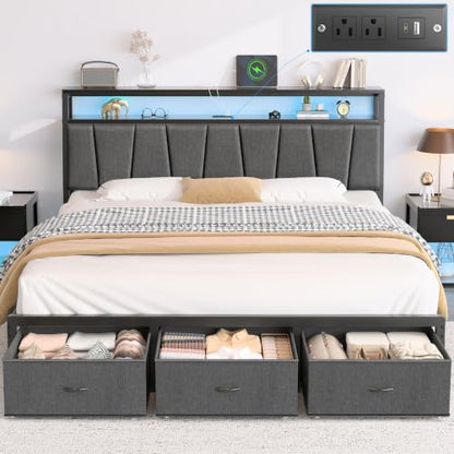 FreeHouse King Size Bed Frame with Storage Headboard & 3 Drawers, Grey | Upholstered King Bed Frame with Charging Station & LED Lights,Fabric Drawers, Metal Slats, No Box Spring Needed Noise-Free - color: Grey, size: King