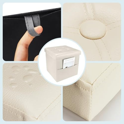 Bsketa Storage Ottoman Bench,15 Inch Folding Leather Foot Rest Stool, Beige | Small Ottoman with Side Pockets, Thicker Foam Padded Seat, Livingroom, Dorm, Bedroom, Easy to install, 30L,15x15x15in - color: Beige-with Side Pockets