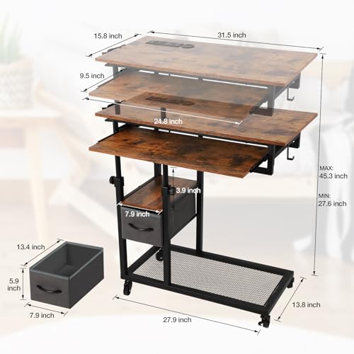 FAHKNS C Table with Wheels, Adjustable Couch Table with Charging Station, Couch with Cup Holder, Sofa Bedside Laptop Stand C Shaped TV Tray with Storage Shelves