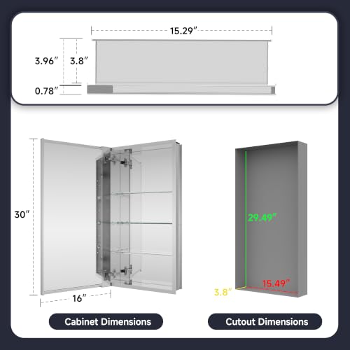 Medicine Cabinet Mirror 16"W x 30"H, Bathroom Beveled Edge Mirror Cabinet | Medicine Cabinets with Adjustable Glass Shelves, Soft-Closed Hinge, Chrome Aluminum Frame, Reverse Installation - size: 16" x 30"(Beveled)