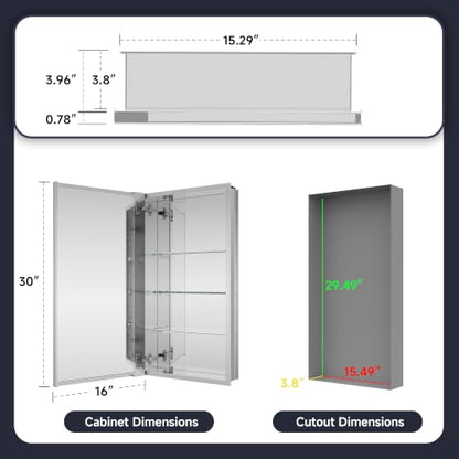 Medicine Cabinet Mirror 16"W x 30"H, Bathroom Beveled Edge Mirror Cabinet | Medicine Cabinets with Adjustable Glass Shelves, Soft-Closed Hinge, Chrome Aluminum Frame, Reverse Installation - size: 16" x 30"(Beveled)