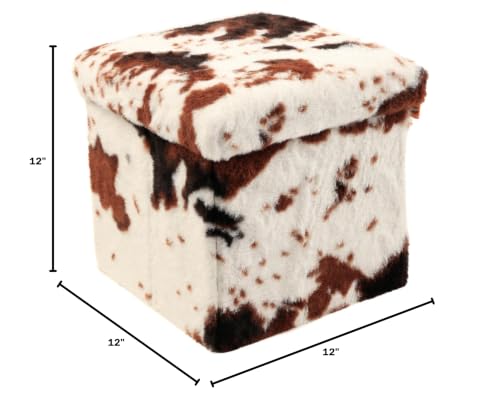 Luxe Faux Fur Storage Ottoman, Cowhide Brown/White, 12 x 12 x 12 in | Engineered Wood, Tool-Free Assembly, Modern Style, Seat And Footrest - color: Cowhide Brown/White, size: 12"D x 12"W x 12"H