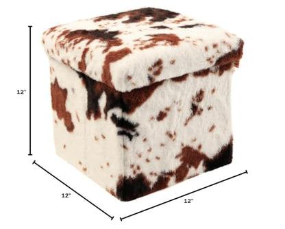 Luxe Faux Fur Storage Ottoman, Cowhide Brown/White, 12 x 12 x 12 in | Engineered Wood, Tool-Free Assembly, Modern Style, Seat And Footrest - color: Cowhide Brown/White, size: 12"D x 12"W x 12"H