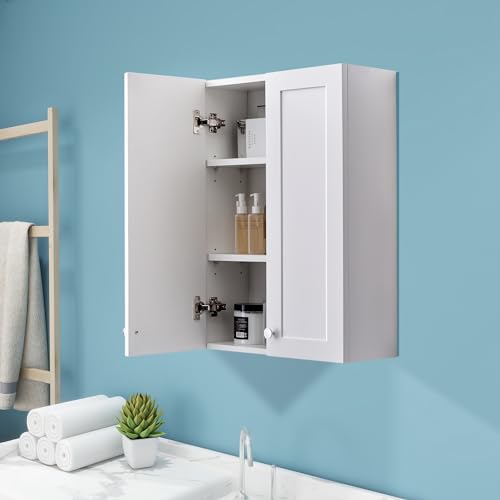 VANIRROR White Wall Mount Cabinet, MDF Over the Toilet Storage Cabinet | Medicine Cabinet with Adjustable Shelves, Space Saver 2 Door for Bathroom Laundry Kitchen,19x 27 inch - color: White-1927, size: 19x27