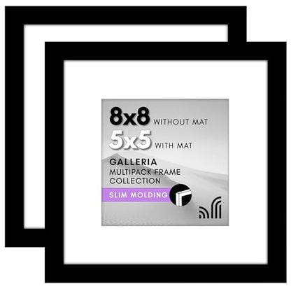 Americanflat 8x8 Picture Frame 2-Pack - Matted to 5x5 - Black | Slim Molding construction, Polished plexiglass front, wall or tabletop display with included easel, triangle hangers included - color: Black, size: 8x8