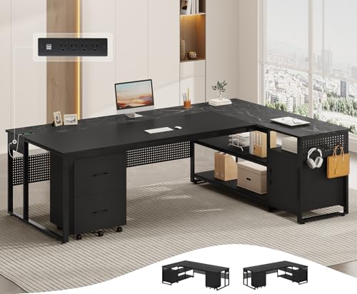 71" Executive Desk, Reversible L Shaped Desk with Mobile File Cabinet & Power Outlets, Large Office Desk with Drawers, Storage Shelves, Hooks, Corner Computer Desk for Home Office (Black) - color: Black