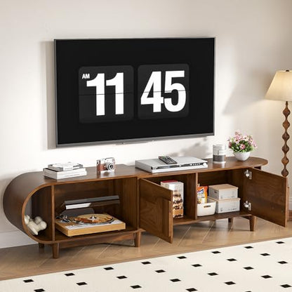 Small Extendable TV Stand for 40-75 Inches TVs, Entertainment Center | Media Console Table with Storage, 3 Cabinets, for Living Room & Bedroom, Modern, Mid Century, Walnut, 46.85" W-66.93" W