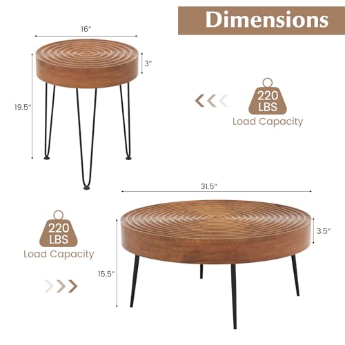 Giantex Boho Round Coffee Table Set of 2, Sofa Side Nesting Table with Solid Pine Wood Top, Metal Legs & Adjustable Foot Pads, 31.5" D Large Table Set for Living Room (Ring Pattern, Brown) - color: Brown, style: Ring Pattern