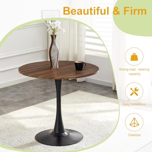 31.5" Round Dining Table, Mid-Century Modern Tulip Table with Thickened Tabletop & Metal Pedestal, Circle Bistro Table for Kitchen, Small Places, Apartments, Cafe - color: Walnut, size: 31.5" dining table