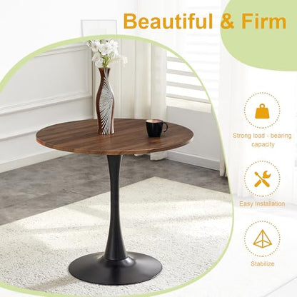 31.5" Round Dining Table, Mid-Century Modern Tulip Table with Thickened Tabletop & Metal Pedestal, Circle Bistro Table for Kitchen, Small Places, Apartments, Cafe - color: Walnut, size: 31.5" dining table