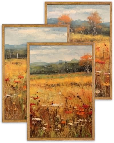 UPWOIGH Autumn Meadow Framed Wall Art, 16 x 24 Inch, Set of 3 | Golden Wildflower Meadow Prints, Warm Autumn Landscape Design, Light Wood Frames for Living Room, Dining Room and Office - color: Gold Autumn, size: 24"L x 16"W
