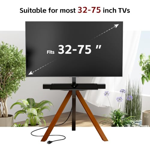 Design Corner TV Stand with Power Outlet for Most 32-75 Inch | Tripod Easel TV Stand Modern TV Floor Mount Swivel with Soundbar Shelf for Bedroom/Living Room,VESA 600x400mm - color: Walnut,outlet