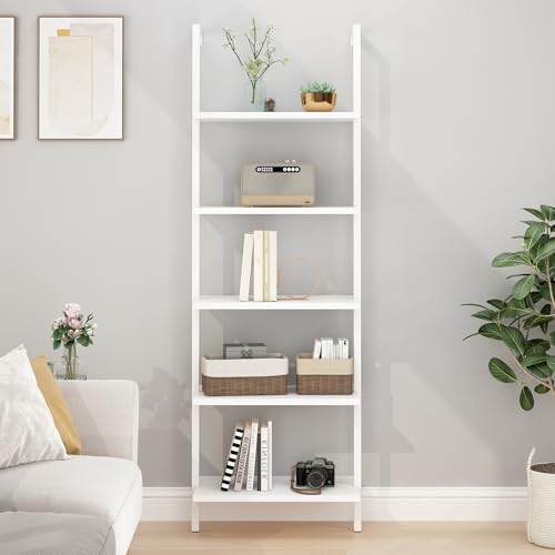 5-Tier White Tall Narrow Bookshelf Ladder, 5 Wooden Ladder Bookshelf Boards, Book Shelf, Stand Shelf, Wall Shelf, 23.6" L X 11.8" W X 70.9" H