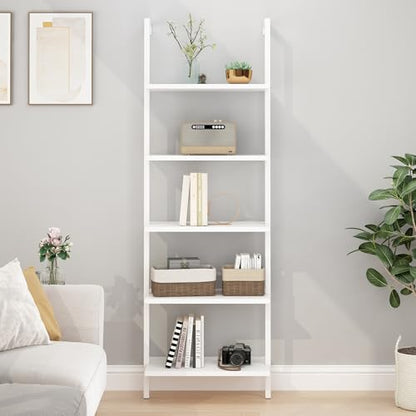 5-Tier White Tall Narrow Bookshelf Ladder, 5 Wooden Ladder Bookshelf Boards, Book Shelf, Stand Shelf, Wall Shelf, 23.6" L X 11.8" W X 70.9" H