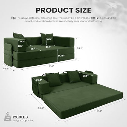 5-in-1 Futon Sofa Bed Queen Floor Convertible Couch Foldable Lounge Green | Multi-Position Convertible Lounge Couch for Guest Room & Apartment, Removable Washable Cover, Space Saving - color: Green