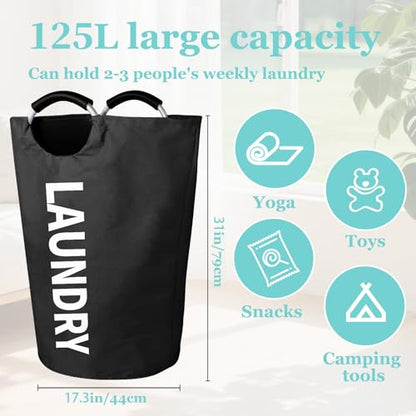 WOOHA 125L Large laundry basket,Collapsible laundry hamper, Tall Clothes Baskets Folding Washing Bin Foldable Fabric Hamper Bags for Bedroom, Closet,Bathroom,College,laundry bag,Black - color: Black, size: 125L-XXXL