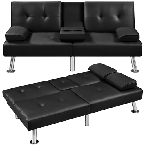 Yaheetech Convertible Futon Sofa Bed Loveseat with Cup Holder, Black | 3 Angles Sofa, Recliner Chair, Bed, Compact Faux Leather Love Seat for Living Room, Kids Guest Room, Dorm, Small Apartment - color: Black